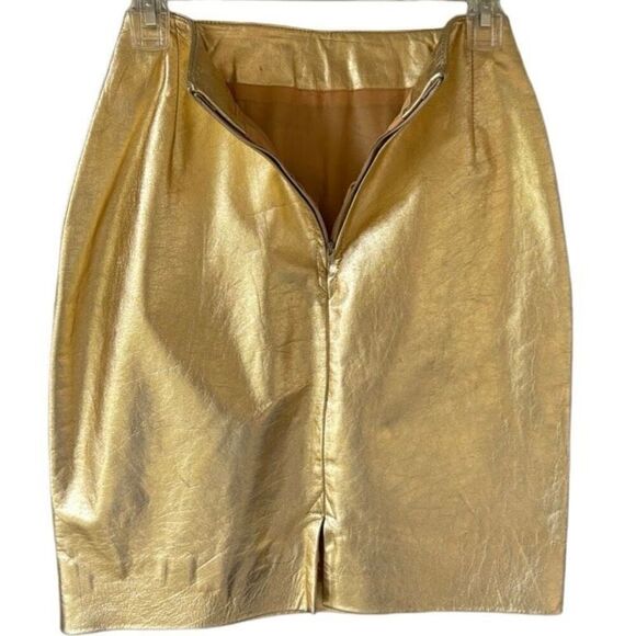 Vintage Genuine Leather Arrow Metallic Gold Pencil Skirt Pleated Back Slip Zip - Picture 5 of 8
